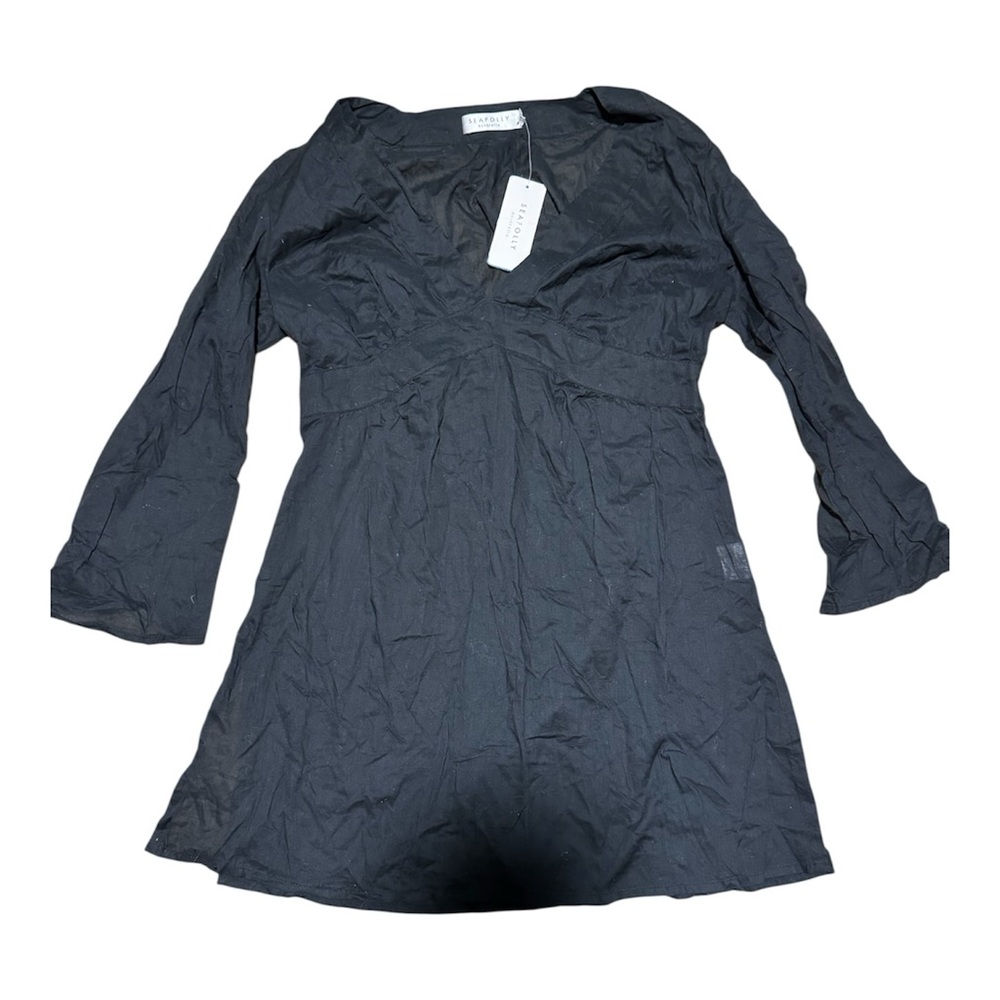 Seafolly Black Beach Kaftan Cover Up Sheer Slits Size 8 100% Cotton Lightweight
